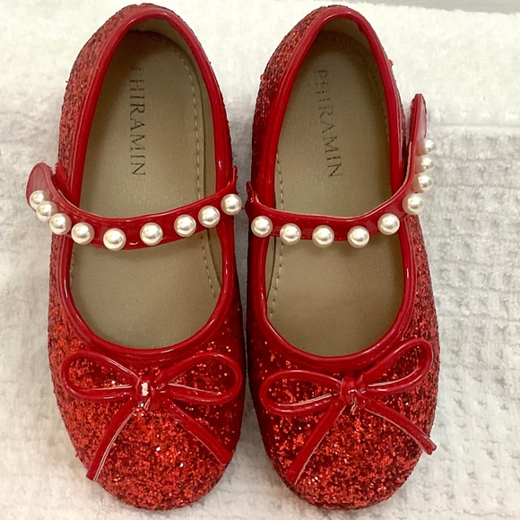 PHIRAMIN Toddler Girl Red Bow Glitter and Pearl Detail Dressy Ballerinas size 11 - Picture 6 of 15